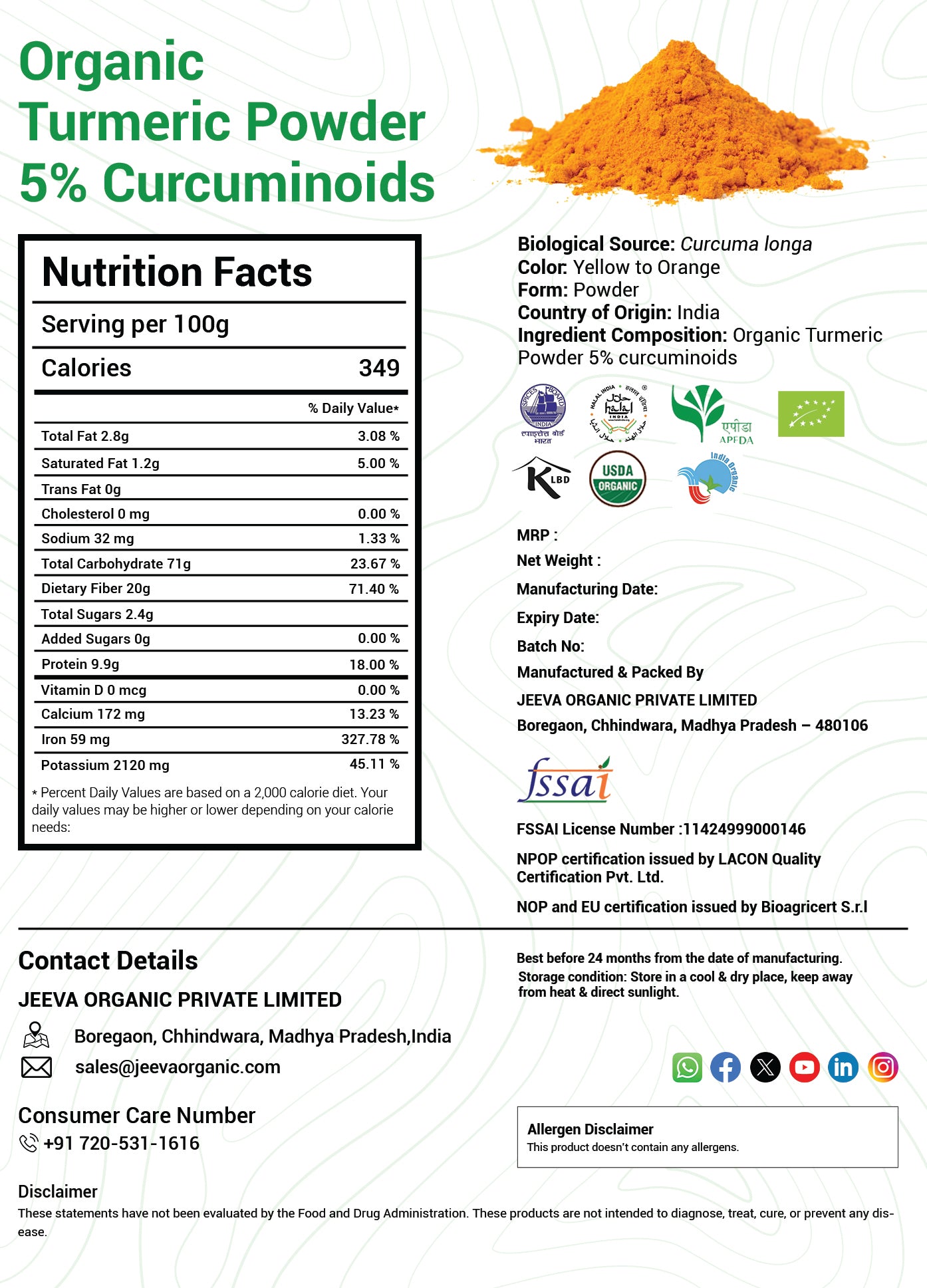 Organic Turmeric Powder 5% Curcuminoids